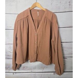 Free People Womens Top Size Small Orange Rust Crinkle Gauze button Up V-Neck